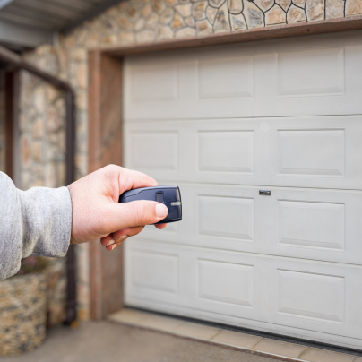 Ogden security key fob pointing to a garage door